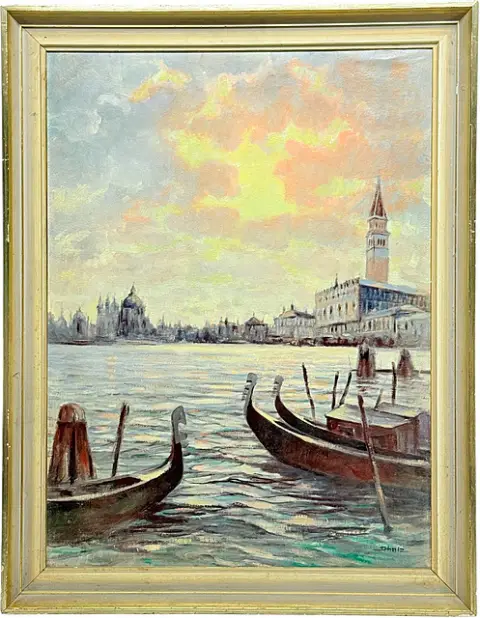 Venise, Bacino di San Marco avec gondoles, palais des Doges, campanile et Salute, veduta, 20e s.