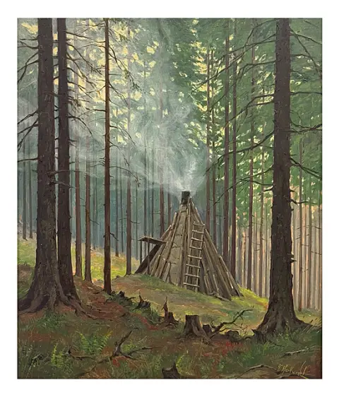 T. Hollwedel, Meule de charbon de bois dans le Harz, cabane en bois conique avec échelle dans la forêt de sapins, paysage du Harz