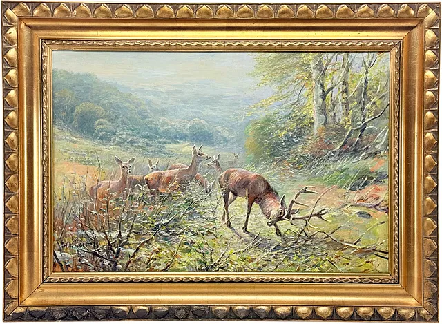 Willi Lorenz, bronstige hertenbok bij hinden, herfstbos, dierstuk in pronklijst