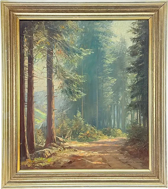 Walter Gemm, lichtdoorvloei d bospad in sparrenbos, Harz-schilder uit Halberstadt, gedateerd (19)59