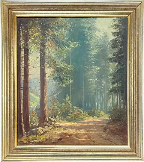 Walter Gemm, sentier forestier baigné de lumière dans une forêt de sapins, peintre du Harz de Halberstadt, daté (19)59