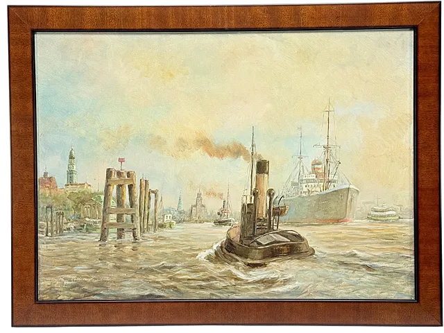 Hans Vetter, « Dampfer Parade », remorqueur et cargo dans le port de Hambourg avec le Michel, 20e s.