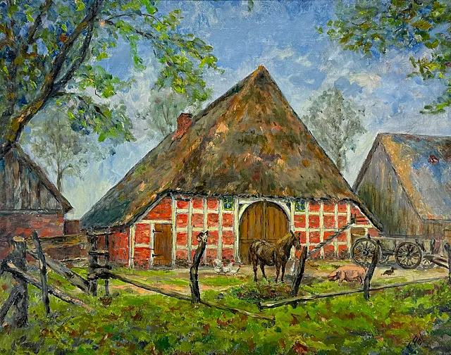 Statek v Laumühlen na Oste, hrázděný dům s doškovou střechou, kůň, slepice a prase