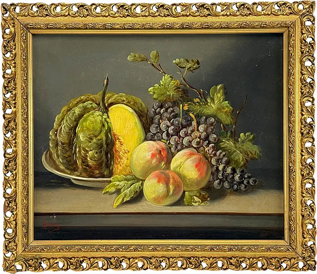 Belley, nature morte aux fruits avec melon, raisins et pêches, huile sur toile