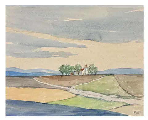Willy Habl, paysage avec église sous un large ciel, feuille peinte des deux côtés, Allemagne du Nord