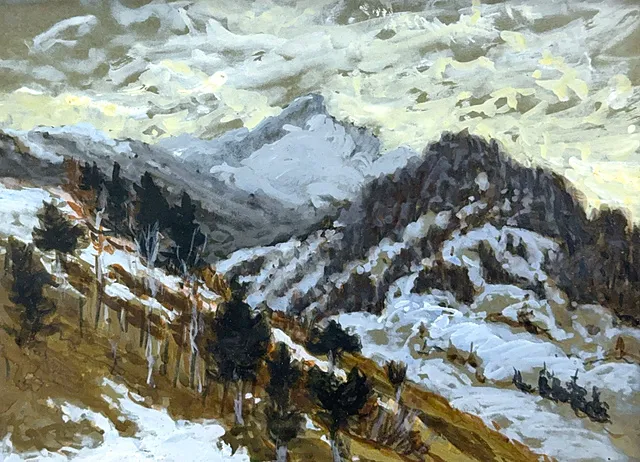 Peintre paysagiste, paysage de montagne hivernal avec crête enneigée et conifères