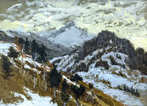 Peintre paysagiste, paysage de montagne hivernal avec crête enneigée et conifères