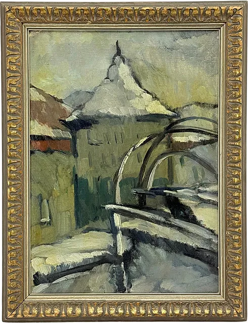Pont en hiver, pont enneigé avec rambarde devant un bâtiment à toit pointu, 20e s.