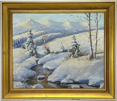 Paul Baltin, Paysage d'hiver avec ruisseau et montagnes enneigées, daté 1955