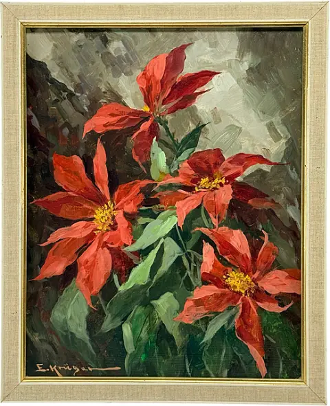 Erich Krüger, bloemstilleven met rode kerststerren