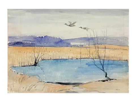 Willy Habl, rivierlandschap met eenden in vlucht boven de rietoevers, gedateerd 1959
