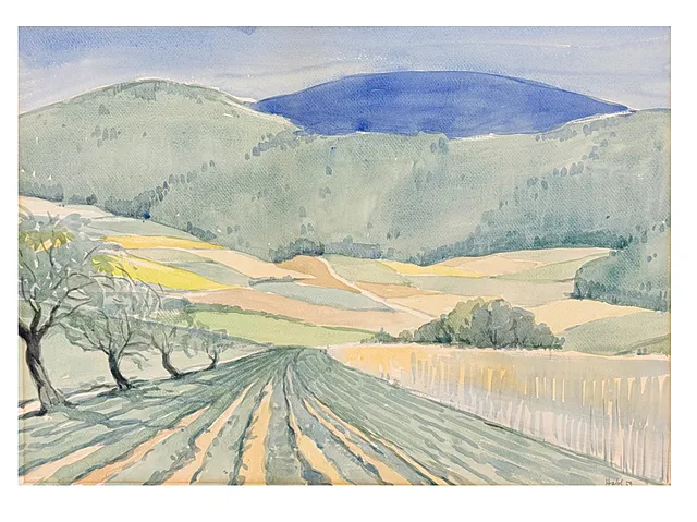 Willy Habl, ampio paesaggio con catena montuosa blu, paesaggio della Germania settentrionale, datato 1959