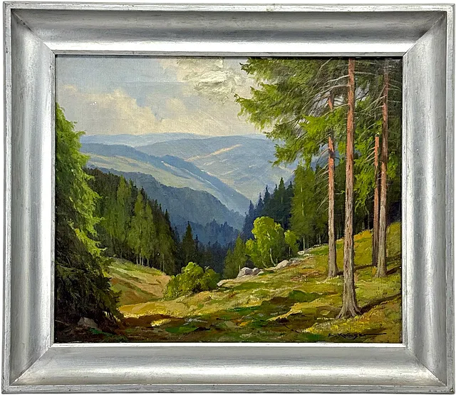 Erich Krüger, « Im Stollental am Büchenberg », paysage du Harz, clairière avec vue sur la vallée