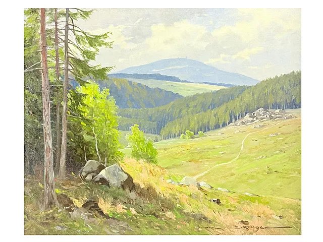 Erich Krüger, Zicht op de Brocken vanaf de Großer Birkenkopf, Harzlandschap met bergweide, Harzschilder