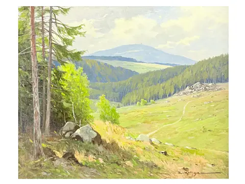 Erich Krüger, Zicht op de Brocken vanaf de Großer Birkenkopf, Harzlandschap met bergweide, Harzschilder
