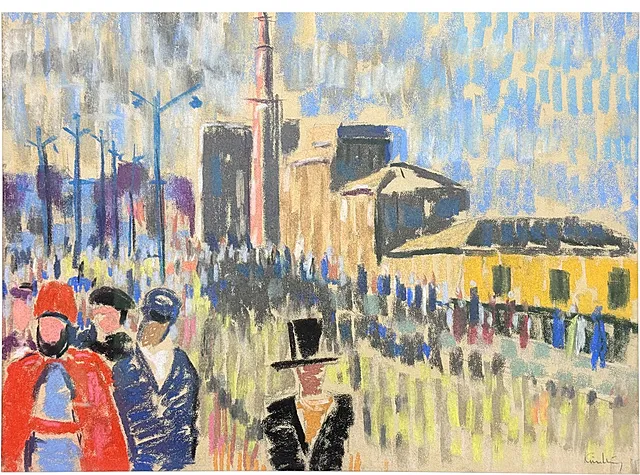 Clemens Kindling, Belfort, pastel met straattafereel en figuren, Hallesche school