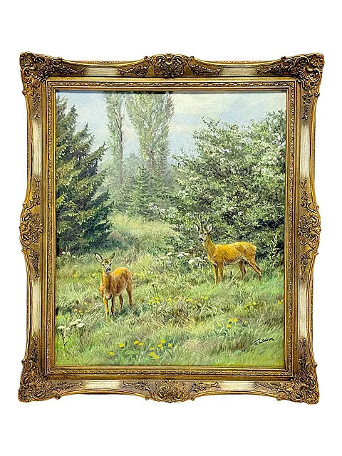 Fritz Laube, Ree en reebok op de bosweide, olieverf op doek, dieren schilderkunst uit de Harz