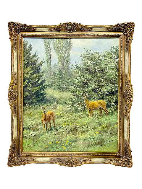 Fritz Laube, Ree en reebok op de bosweide, olieverf op doek, dieren schilderkunst uit de Harz