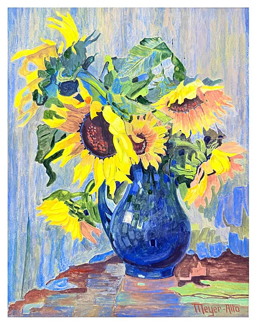 Meyer-Alto, Zonnebloemen in blauwe glazen kruik, bloemstilleven, gouache