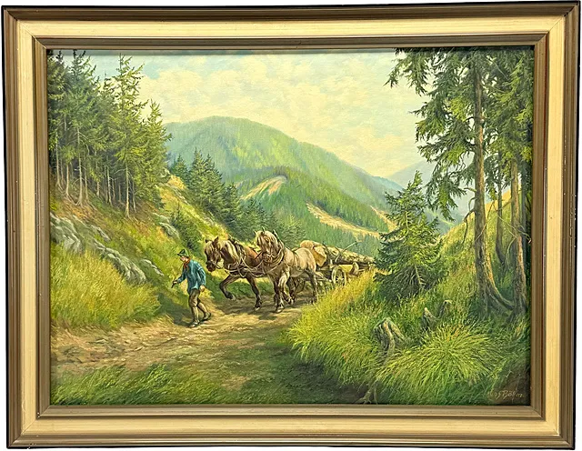 Hans Böhm, houtwagen met paardenspan op een bospad, berglandschap met sparren, Harz-schilder