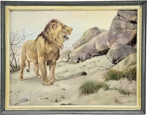 Friedrich Reimann, leeuw in een rotslandschap, moderne dierenschilderkunst