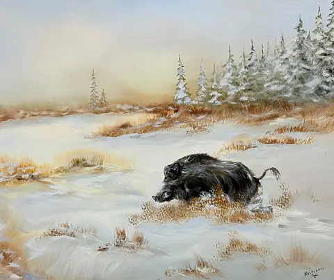 Reimann, Vluchtend wild zwijn in een besneeuwd heidelandschap