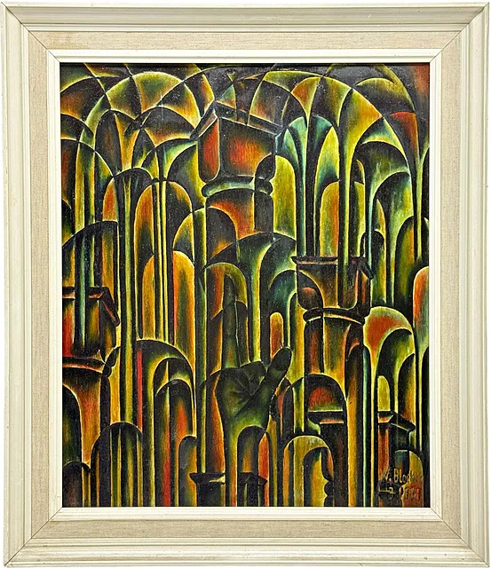 W. Blockus, Expressionistische Kathedrale, Bögen und Säulen in Gelb, Orange und Grün, datiert 1967