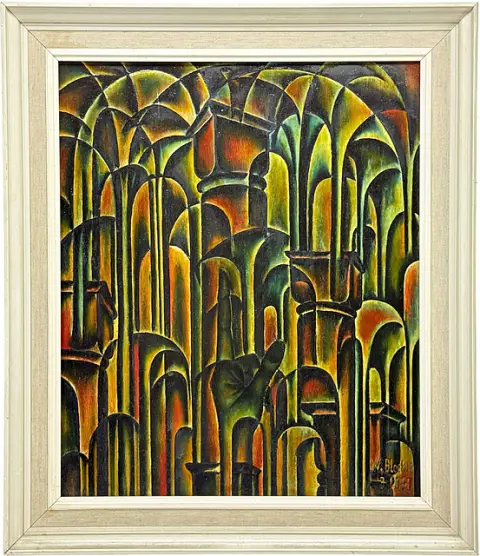 W. Blockus, Expressionistische kathedraal, bogen en zuilen in geel, oranje en groen, gedateerd 1967