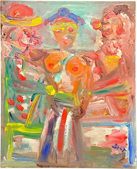 Monogrammist ST, Jonge dame met twee clowns, expressief olieverfschilderij in felle kleuren, 1967