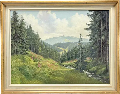 Hans Böhm, « Brockenblick (Oberes Ilsetal) », vallée boisée avec torrent de montagne, peintre du Harz, paysage