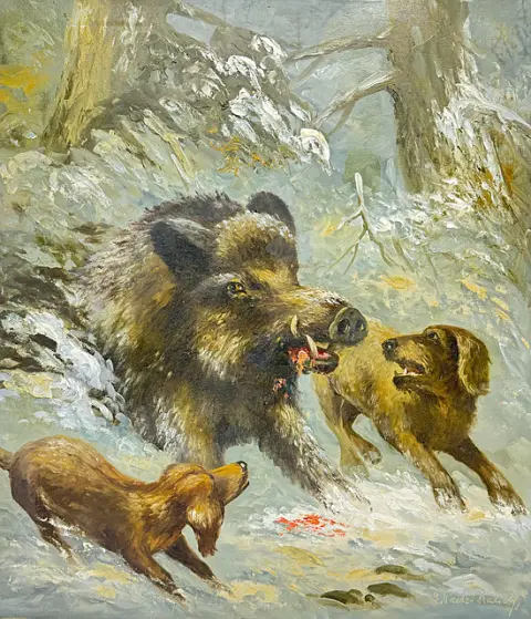 Elisabeth Paetz-Kalich, « Sanglier blessé par balle », sanglier et deux chiens de chasse dans la neige, scène de chasse