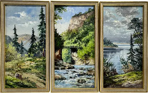 Peintre du Harz, Trois vues du Harz, vue du Brocken, pont du Diable dans la vallée de la Bode et lac du Harz, 2e moitié du 20e s.