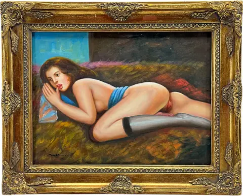Nu féminin allongé avec chaussette montante, peinture érotique dans un cadre somptueux, 2e moitié du 20e s.