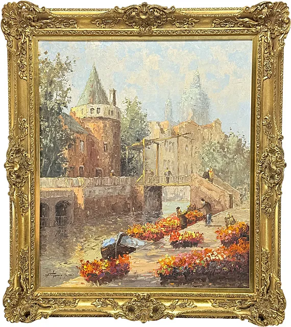 Mercato olandese di fiori sul canale con ponte levatoio e torre, scena di genere in cornice sontuosa