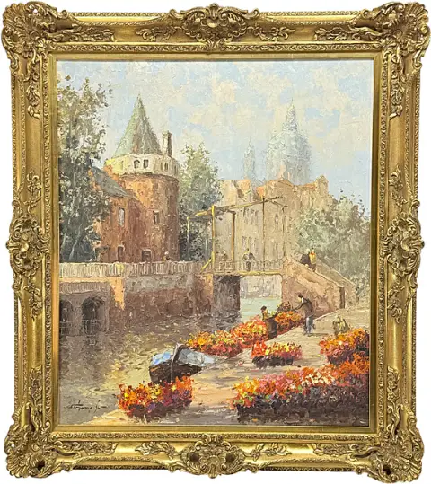 Marché aux fleurs hollandais au bord du canal avec pont-levis et tour, scène de genre dans un cadre somptueux