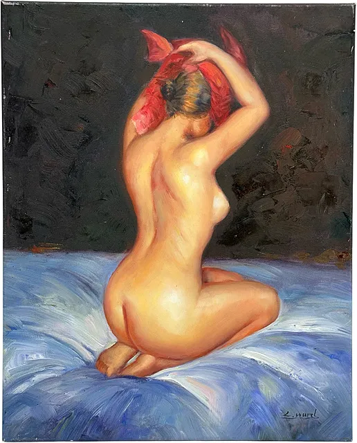 Wohl L. Warel, Nu féminin de dos avec tissu rouge, à genoux avec bras levés, 2e moitié du 20e s.