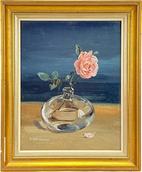 Helga Veit-Gommel, « Étude de verre », rose rose dans un vase en verre sphérique, 1975