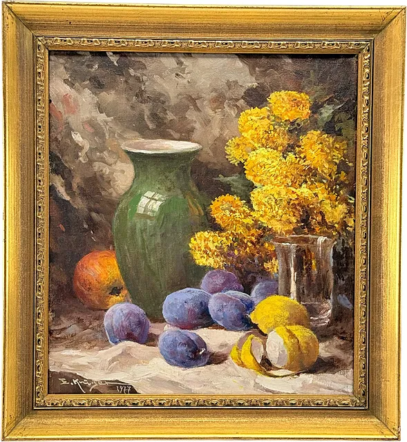 Erich Krüger, Nature morte aux fleurs, prunes et citrons, 1977