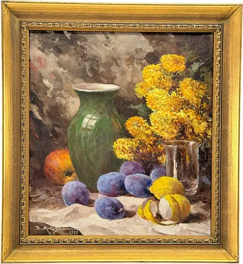 Erich Krüger, Nature morte aux fleurs, prunes et citrons, 1977