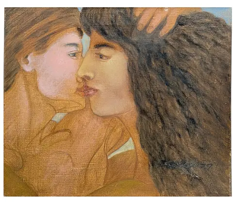 Seidel, Kuss, deux têtes de profil en gros plan sur fond bleu, peinture de figures, daté 1979