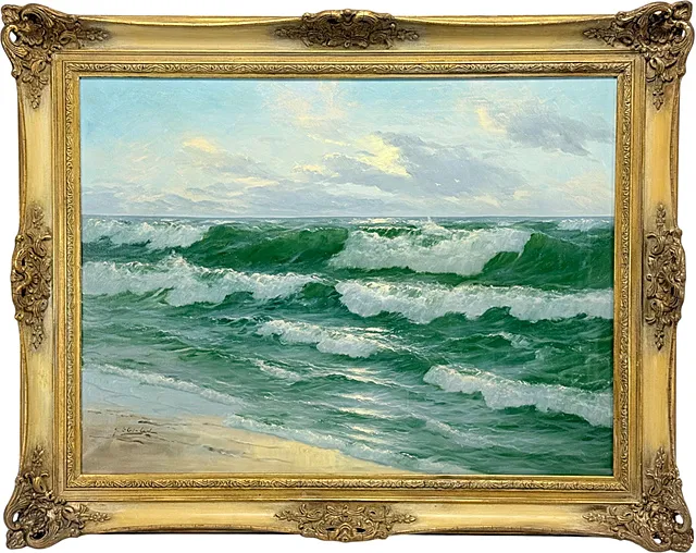 Gerhard Lukas-Larsen, Vue sur la mer, vagues d'écume vertes sur plage de sable, marine dans cadre somptueux