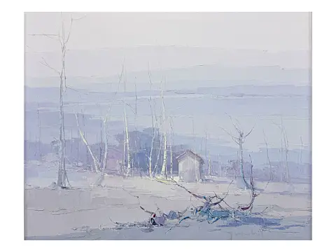Franco Gnocchi, Boschetto di betulle, paysage d'hiver avec bosquet de bouleaux dans des tons bleus