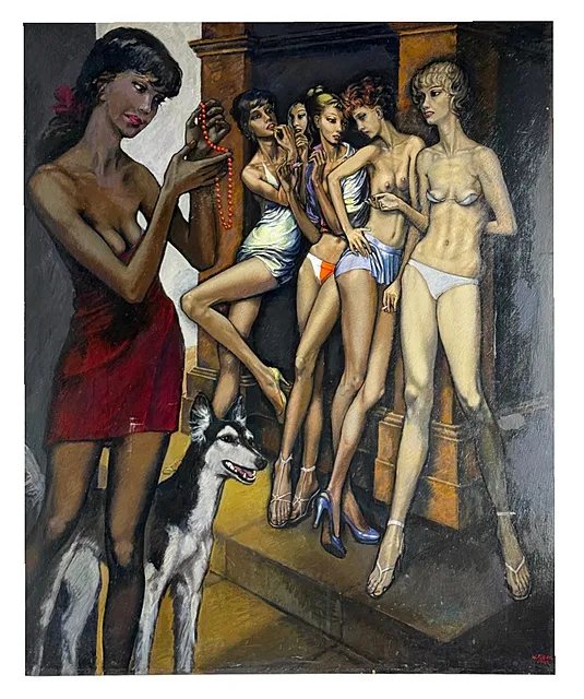 W. Riedel, Lagano odjevene žene na uglu zgrade sa psom, figurativno slikarstvo, datirano 1981