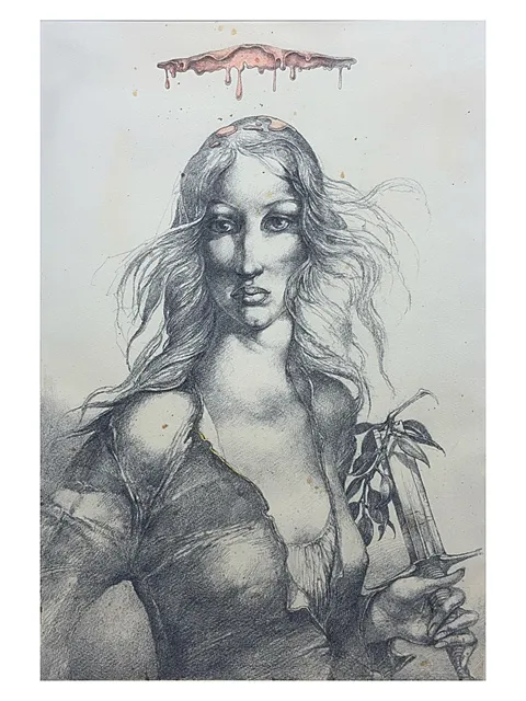 Heinz Zander, Judith avec épée et cheveux flottants, figure à mi-corps, daté 1981