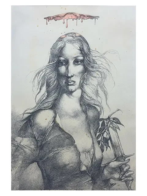 Heinz Zander, Judith avec épée et cheveux flottants, figure à mi-corps, daté 1981