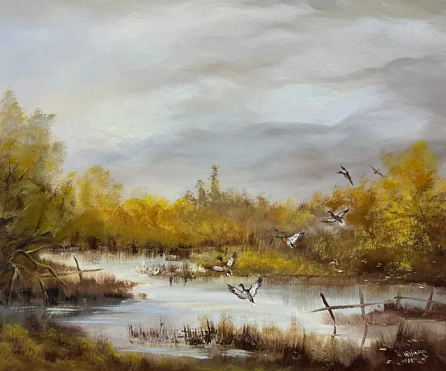 Hans Reimann, Moeraslandschap met wilde eenden in vlucht, herfstsfeer aan de rietoever, gedateerd 1984