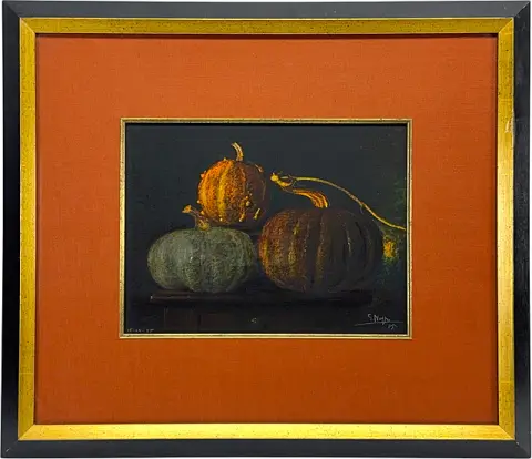 G. Negri, Nature morte aux citrouilles, trois citrouilles sur fond noir, peintre de Felonica, daté 1985