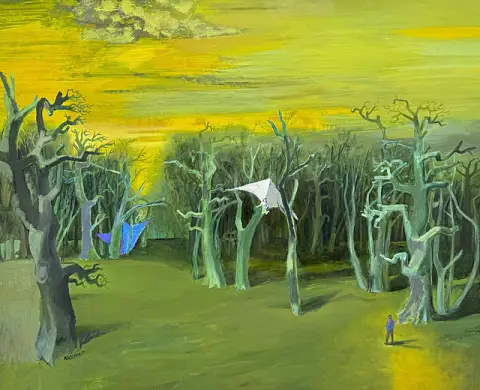 Karl-Heinz Schmidt, Paysage forestier surréaliste avec deux planeurs entre des arbres morts