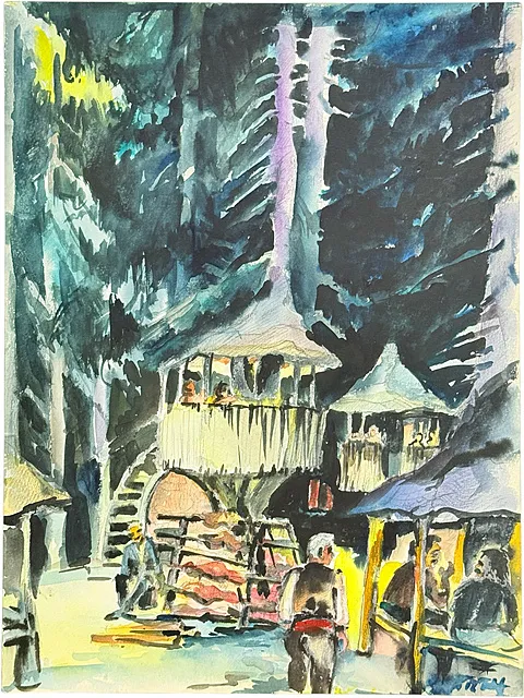 Martin Wirth, « Grillfest in den Rhodopen », forêt de conifères avec pavillons et aire de grillades, Bulgarie