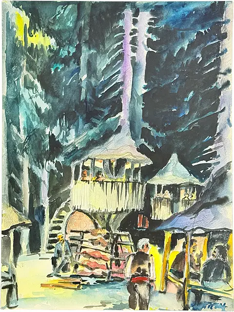Martin Wirth, « Grillfest in den Rhodopen », forêt de conifères avec pavillons et aire de grillades, Bulgarie
